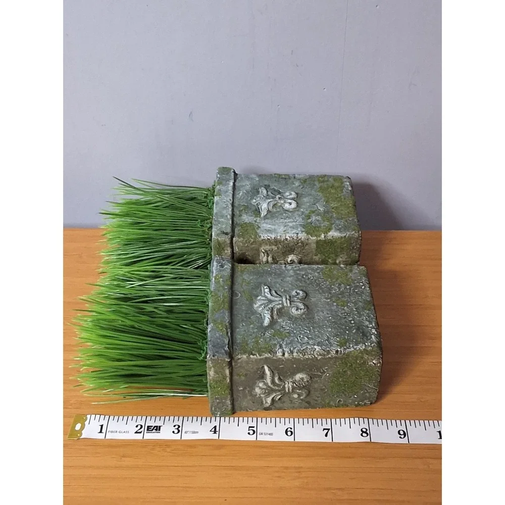 Pair Of Artificial Potted Green Grass Plants In Rustic Concrete Hangable...